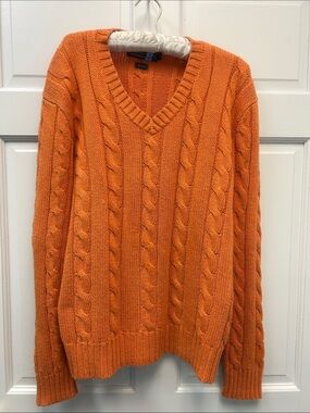 100% Silk Polo Ralph Lauren Cable Knit Men’s Orange V-Neck Sweater Sz L Preppy
